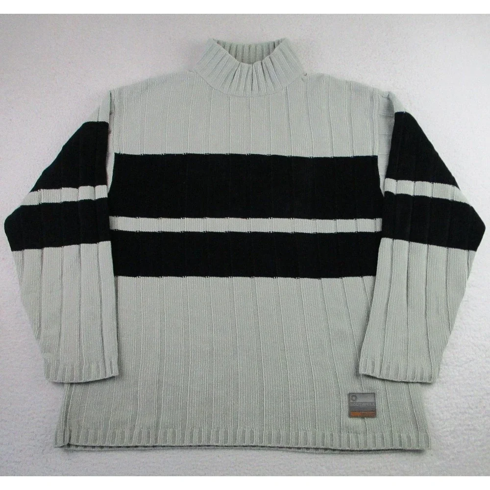 Southpole Sweater‎ Mens Medium Gray Black Chenille Ribbed Knit Mock Neck Striped